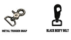 Comparison of Black Beefy Bolt and Chrome Trigger Snap hardware options for personalized firefighter webbing glove straps.