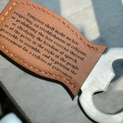 1st Amendment Leather & Metal Bottle Opener – Patriotic Gift for Beer Lovers