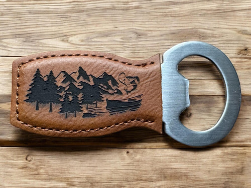 Adventure Bottle Opener – Mountain Lake Design, Faux Leather Bar Tool, Gift for Outdoorsman or Dad