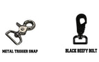 Choose between a metal trigger snap or black beefy bolt hardware for your personalized leather firefighter glove strap.