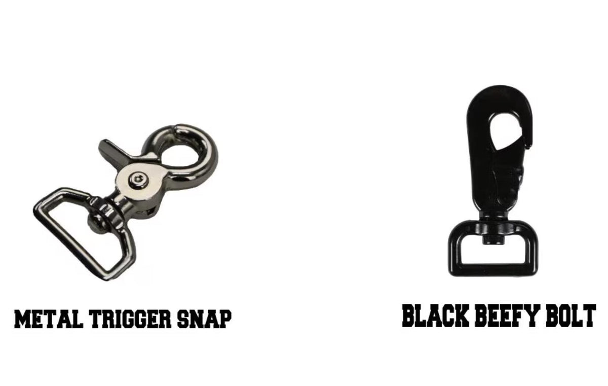 Choose between a metal trigger snap or black beefy bolt hardware for your personalized leather firefighter glove strap.