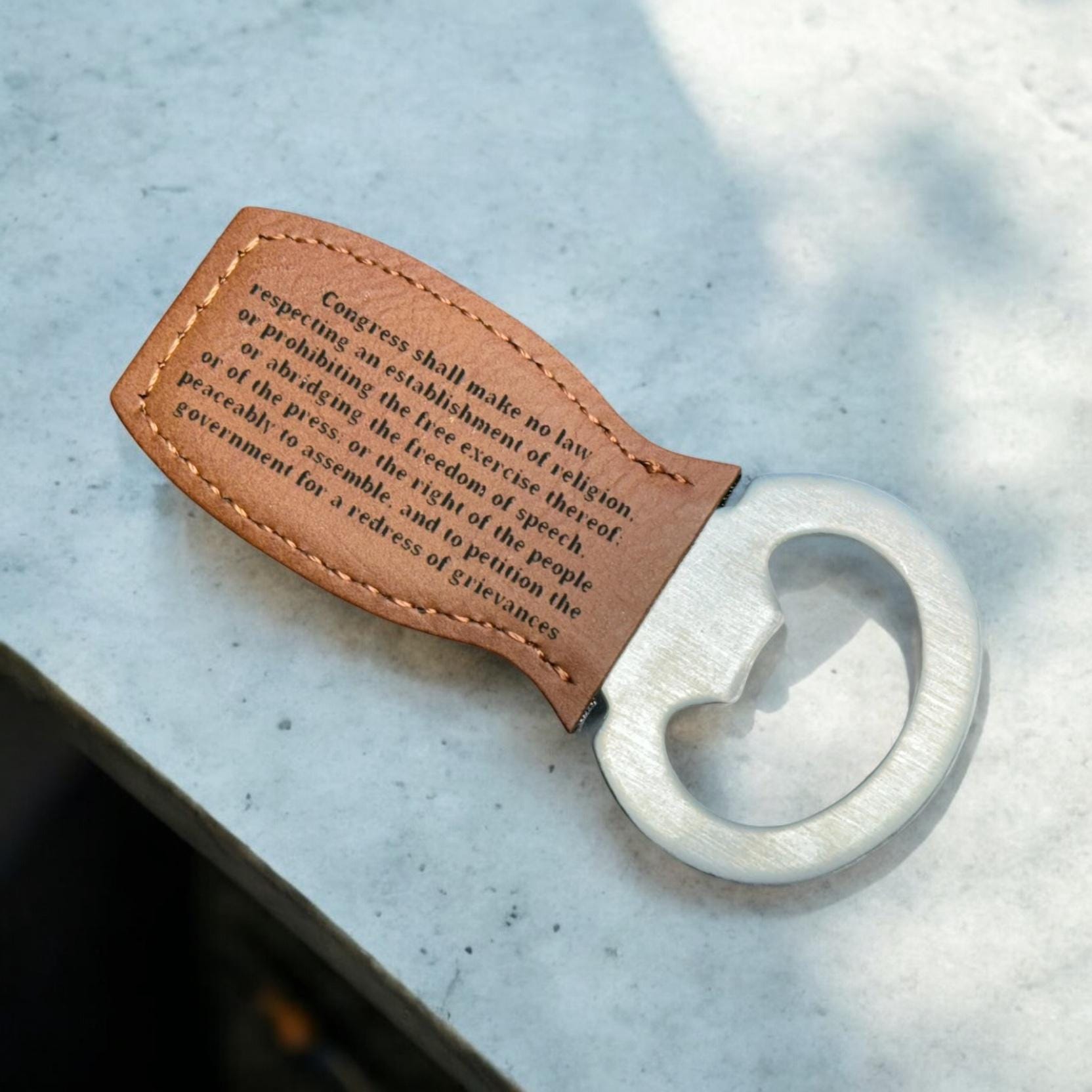 1st Amendment Leather & Metal Bottle Opener – Patriotic Gift for Beer Lovers