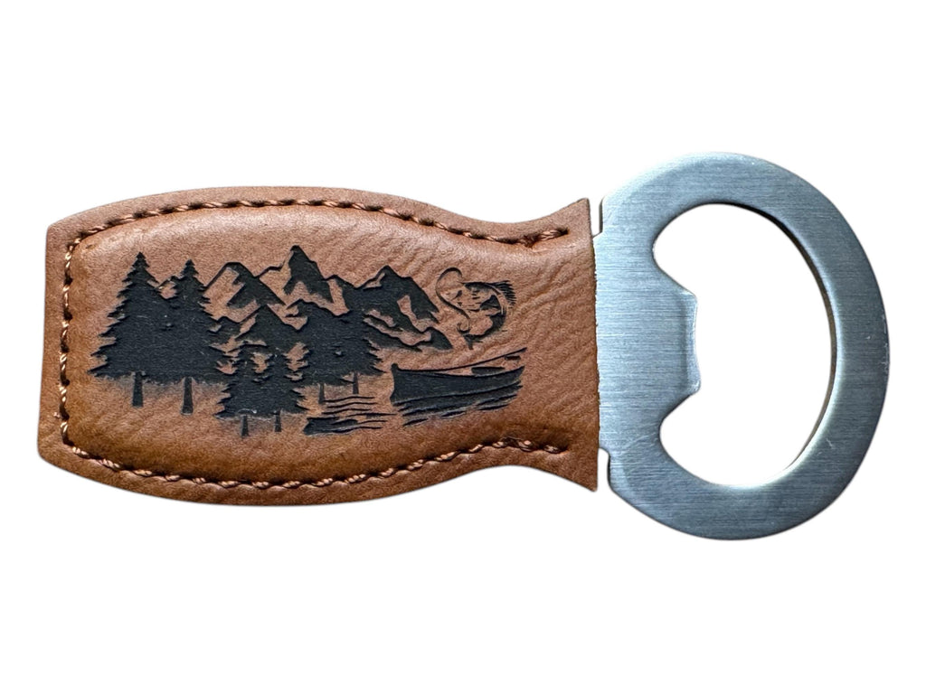 Adventure Bottle Opener – Mountain Lake Design, Faux Leather Bar Tool, Gift for Outdoorsman or Dad