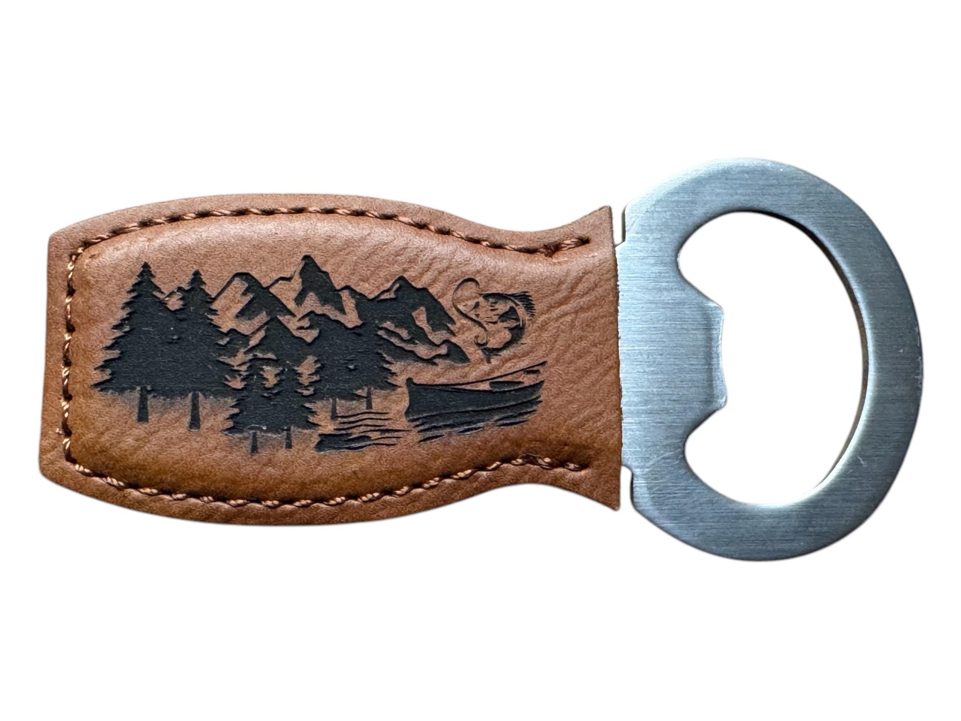 Adventure Bottle Opener – Mountain Lake Design, Faux Leather Bar Tool, Gift for Outdoorsman or Dad