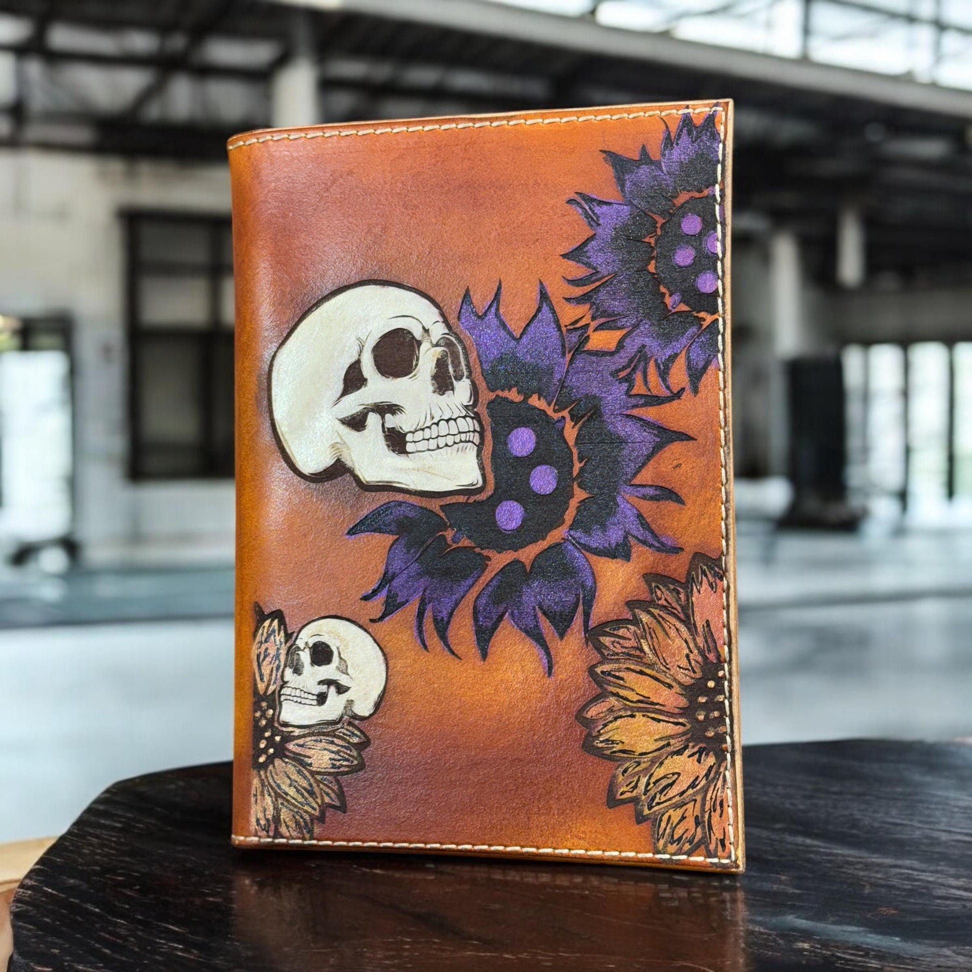 Handmade leather notebook cover with skull and sunflower hand-painted design
