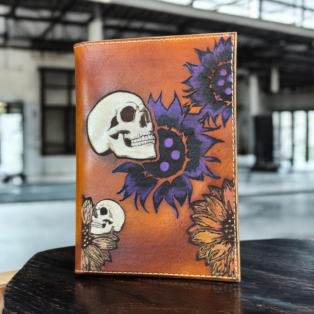 Handmade leather notebook cover with skull and sunflower hand-painted design