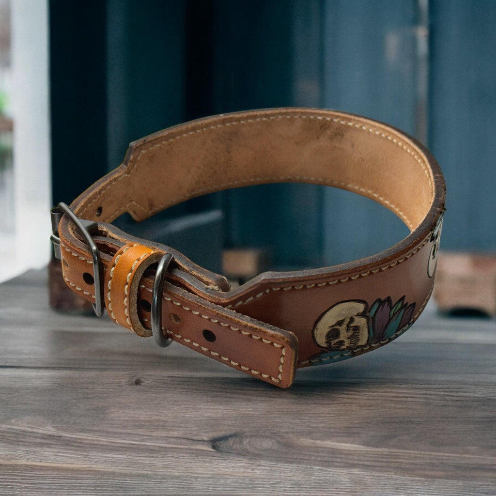 Engraved Leather Dog Collar – Skull and Sunflower Design | Handcrafted Western Dog Collar | Gothic Dog Collar for Large and Medium Dogs