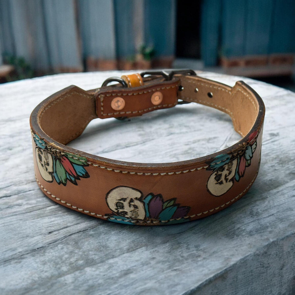 Engraved Leather Dog Collar – Skull and Sunflower Design | Handcrafted Western Dog Collar | Gothic Dog Collar for Large and Medium Dogs