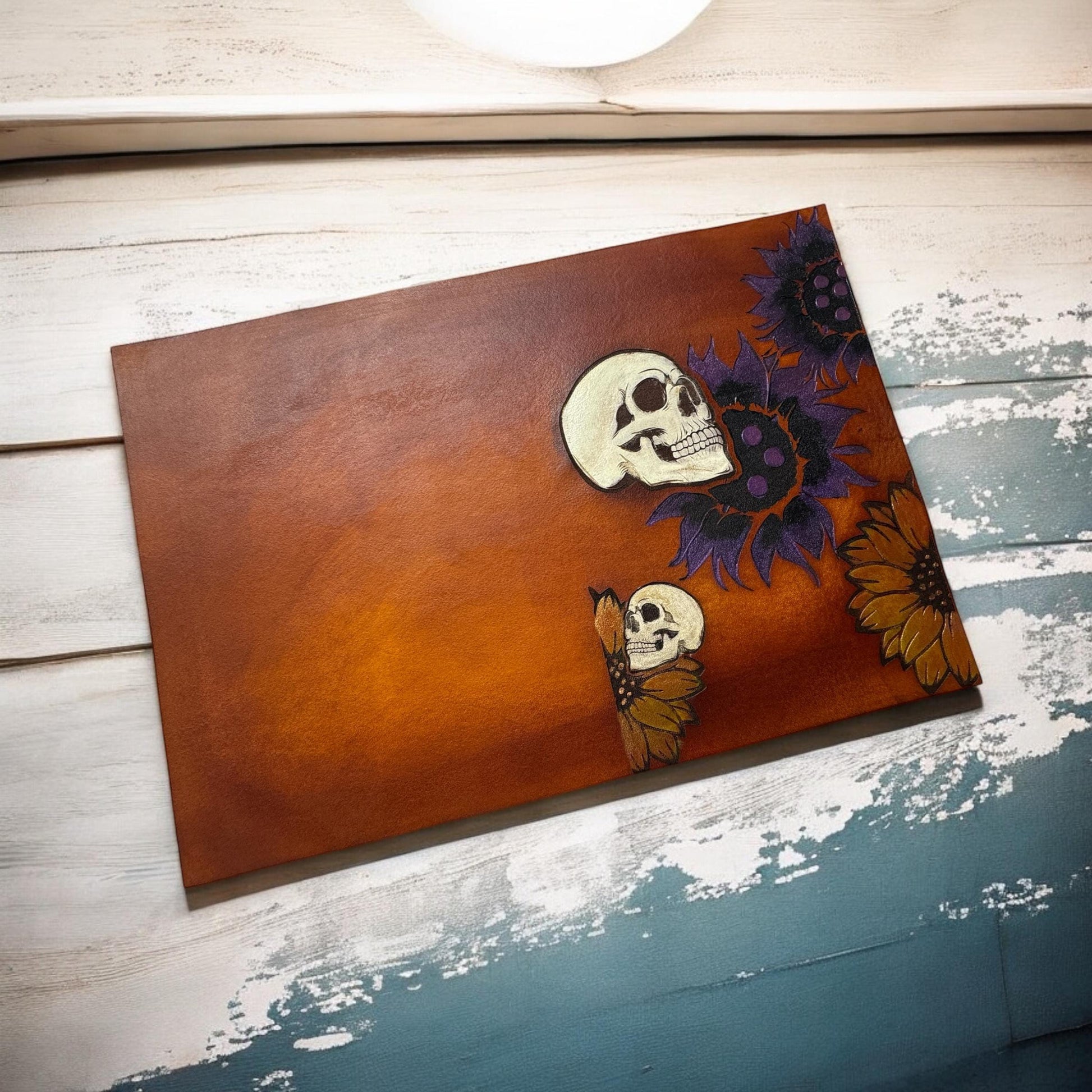 Handmade Leather Notebook Cover – Skull and Sunflower – 9x6 Full Grain Veg Tan – Gothic Gift – Field Notes – Hand Painted