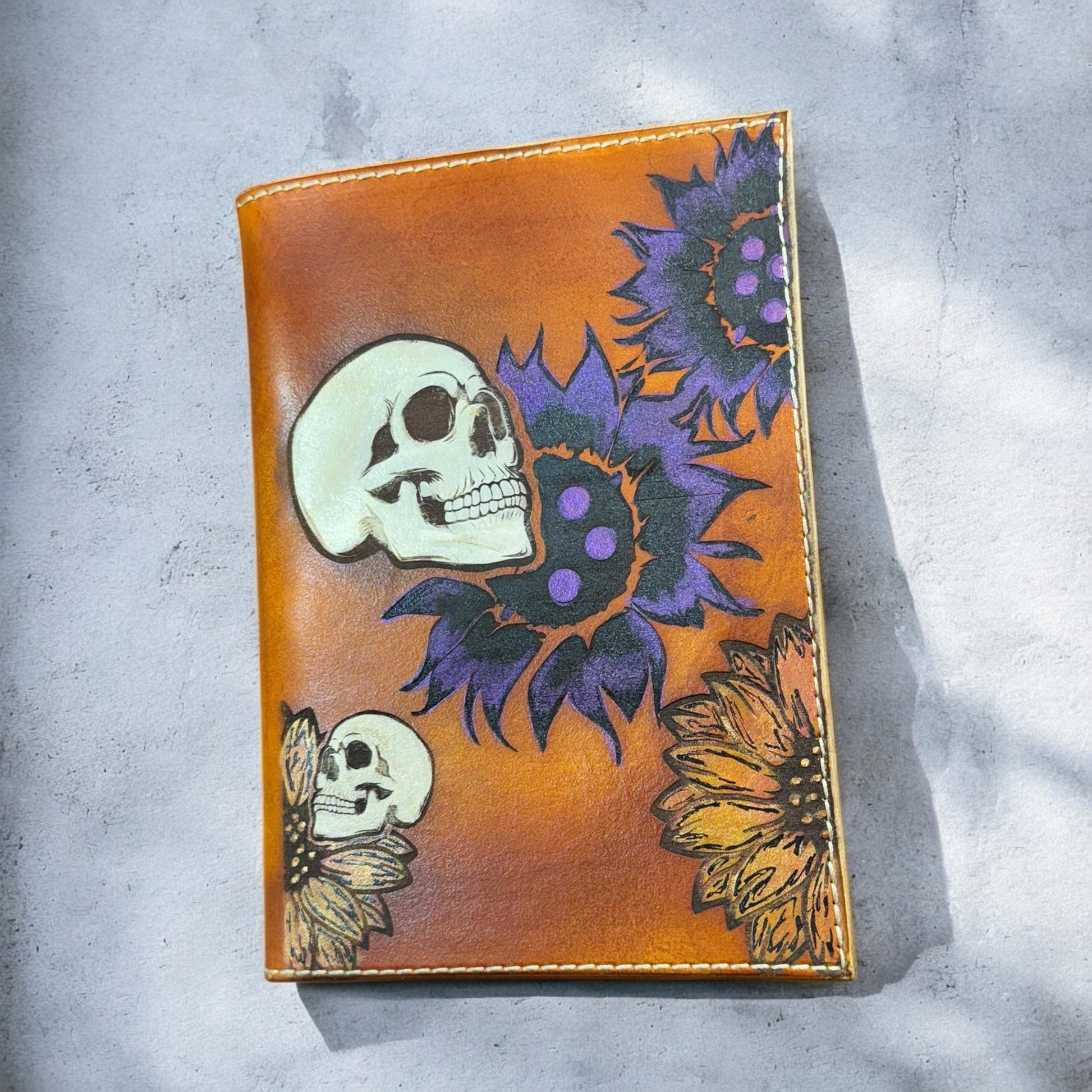 Handmade Leather Notebook Cover – Skull and Sunflower – 9x6 Full Grain Veg Tan – Gothic Gift – Field Notes – Hand Painted