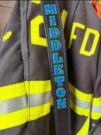 Personalized leather firefighter radio strap with custom painted name