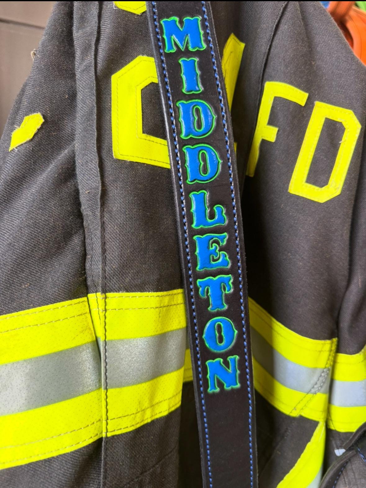 Personalized leather firefighter radio strap with custom painted name